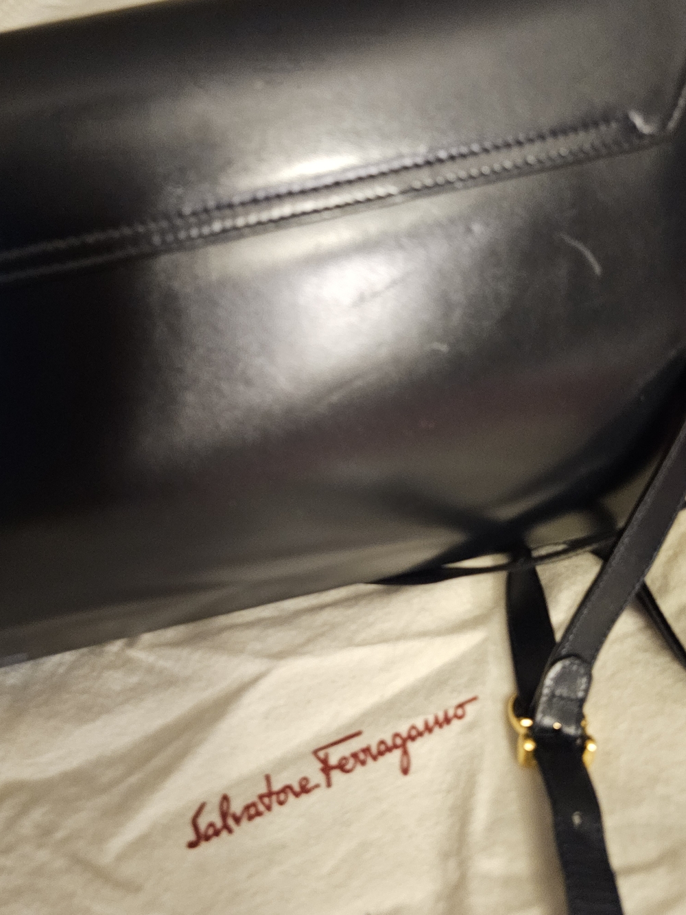 Salvatore Ferragamo Black Leather Messenger Bag with Gold Hardware